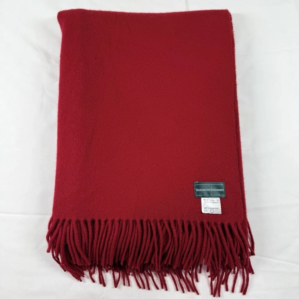 Hammacher Schlemmer 100% Cashmere Throw Blanket Red 50x64 Fringe Luxury Wrap